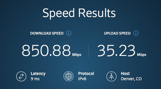 Speed Results: 850.88/35.23 Mbps; Latency 9 ms