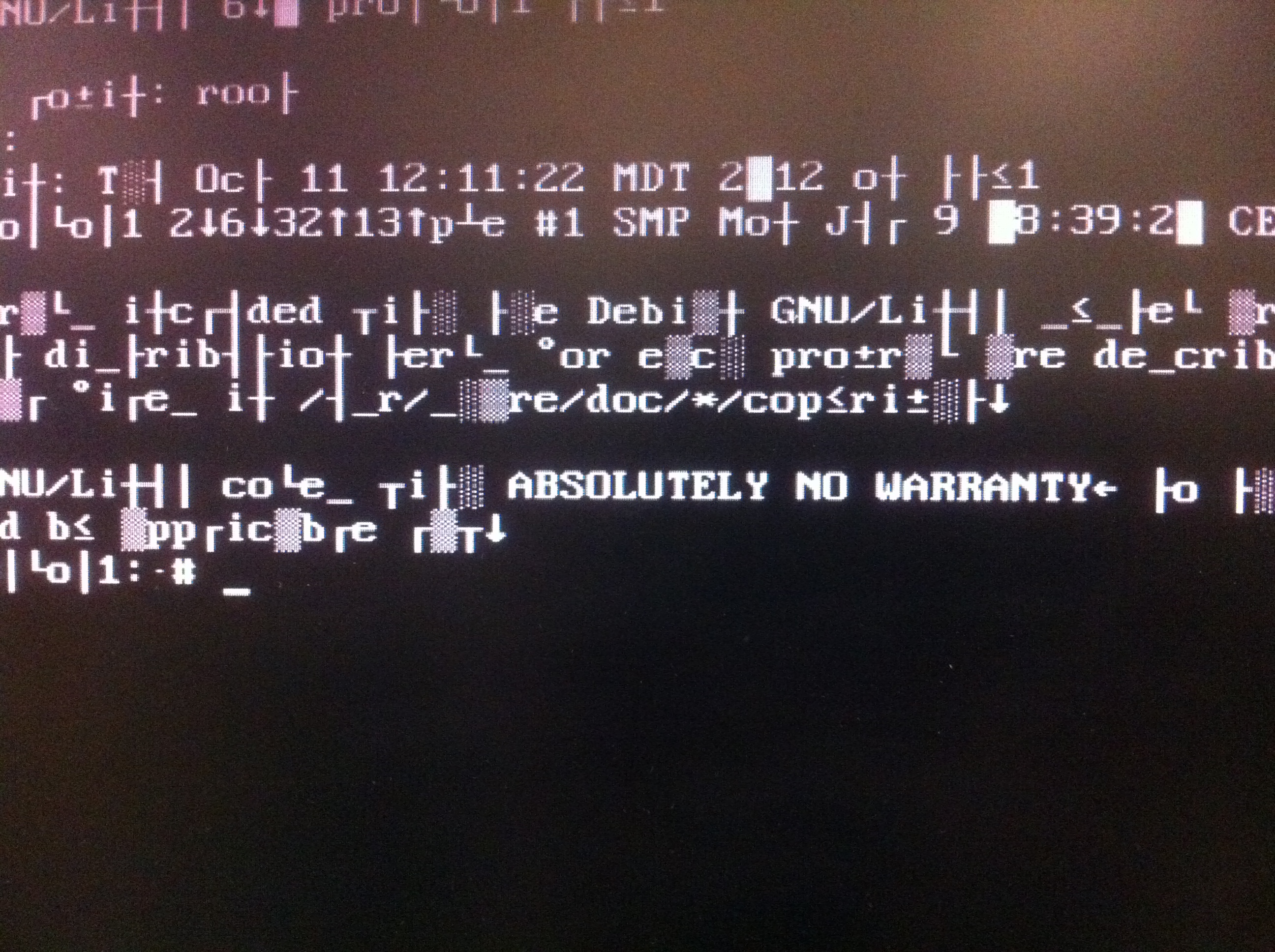 screen with garbled text and “ABSOLUTELY NO WARRANTY” legible