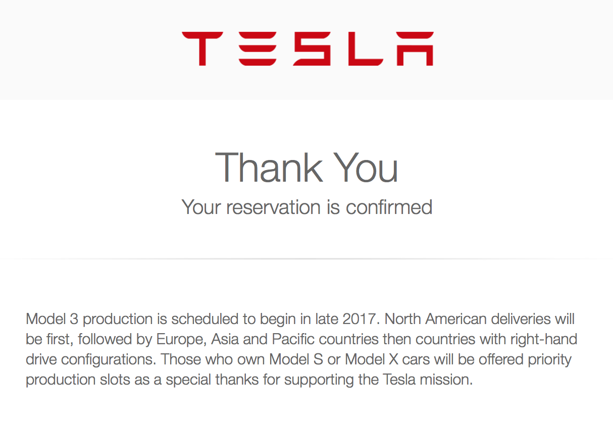 Tesla Model 3 reservation confirmation email screenshot